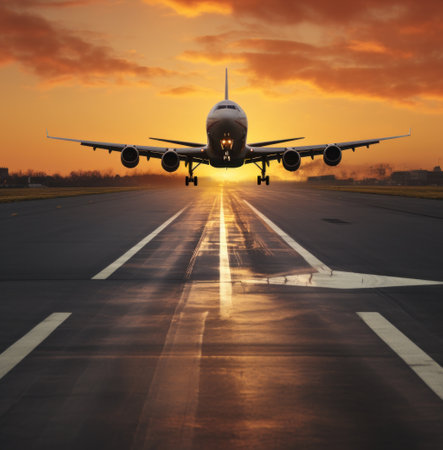 a plane and airplane are taking a fly approach to a land runway at sunsetの素材