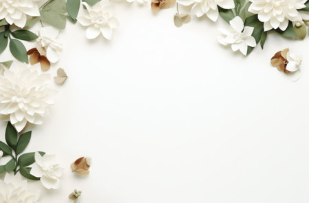a white background surrounded by flowers and leaves.の素材