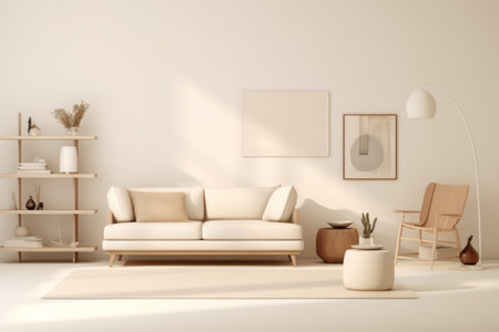 a living room with a white couch, a lamp, books, table and chair.の素材
