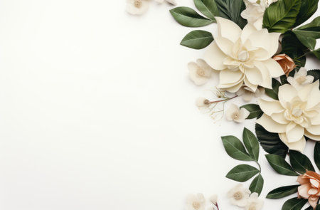 a white background surrounded by flowers and leaves.の素材