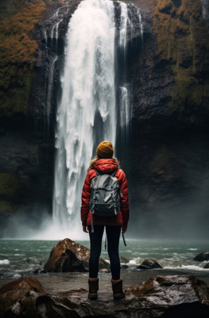 a woman walks past a large waterfall.の素材
