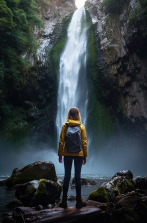 a woman walks past a large waterfall.の素材