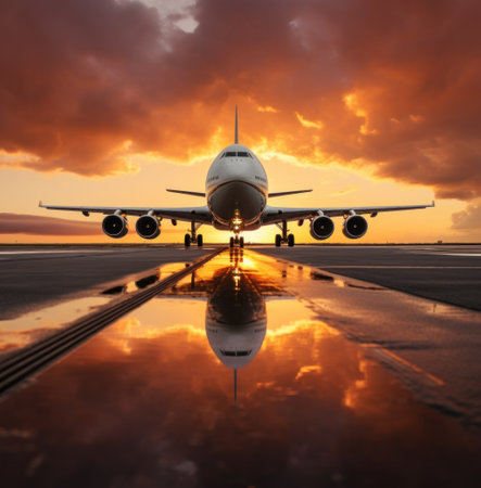 large jet landing at a runway in a sky that is filled with white clouds with an orange sunset behind it.の素材
