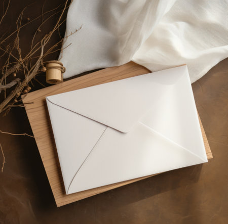 a white envelope, blank note and paper in a wooden box.の素材