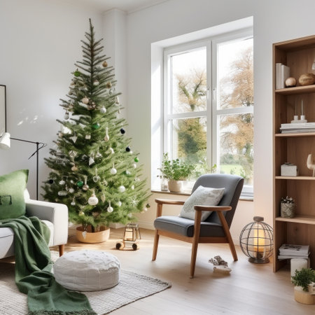 a living room with a green christmas tree and chairsの素材