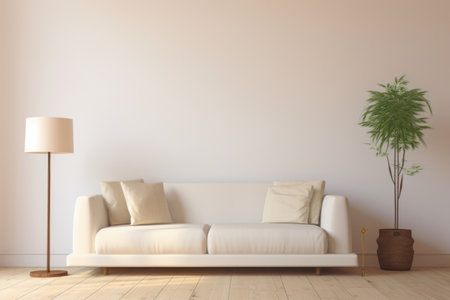 a white couch, lamps, and wooden floor in a neutral living room.の素材