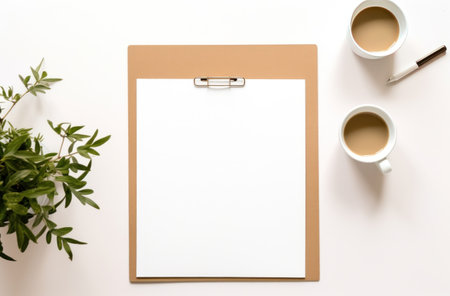a white plate, clipboard, phone, computer and plantの素材