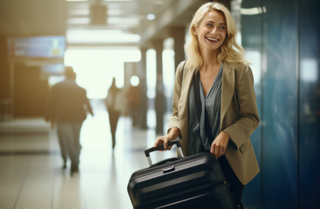 a woman holding her luggage in an airport hallway.の素材