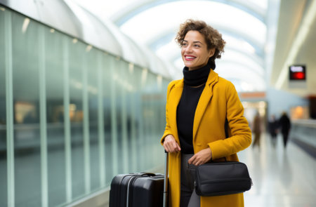 a woman holding her luggage in an airport hallway.の素材