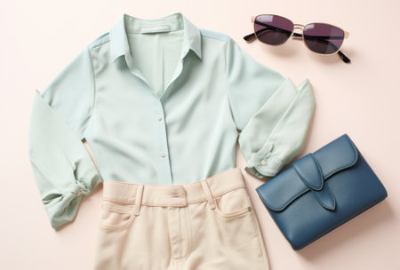 a white surface shows sunglasses, purse, a blouse and jeans.の素材