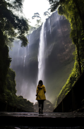a woman walks past a large waterfall.の素材