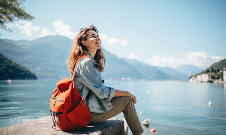 a woman sitting on the shore of lake como holding her backpack while smiling.の素材