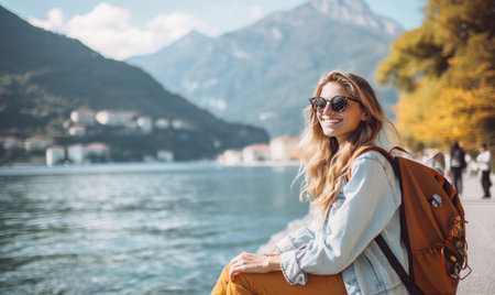 a woman sitting on the shore of lake como holding her backpack while smiling.の素材