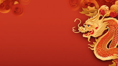 Chinese holiday background with dragon, dark red and gold, large copyspace area.の素材