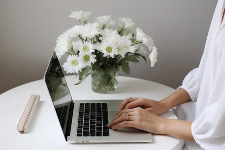 a woman's hands on her laptop as she looks at some flowers on a deskの素材