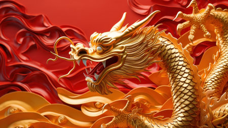 Chinese holiday background with dragon, dark red and gold, large copyspace area.の素材