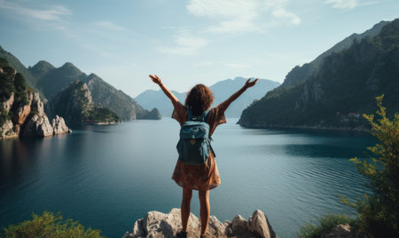 image of woman with backpack and arms outstretched to lake.の素材