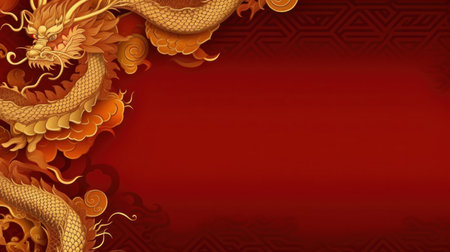 Chinese holiday background with dragon, dark red and gold, large copyspace area.の素材
