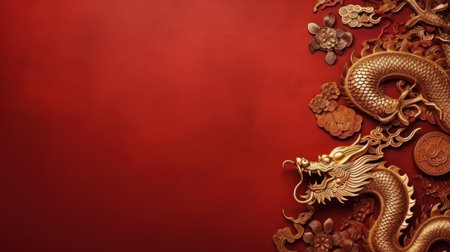 Chinese holiday background with dragon, dark red and gold, large copyspace area.の素材