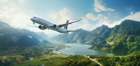 an airplane flying through the air in the day.の素材