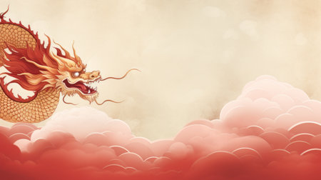 Chinese holiday background with dragon, dark red and gold, large copyspace area.の素材