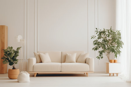an interior decorated with white furniture and plants.の素材