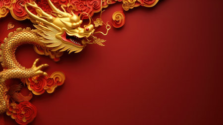 Chinese holiday background with dragon, dark red and gold, large copyspace area.の素材