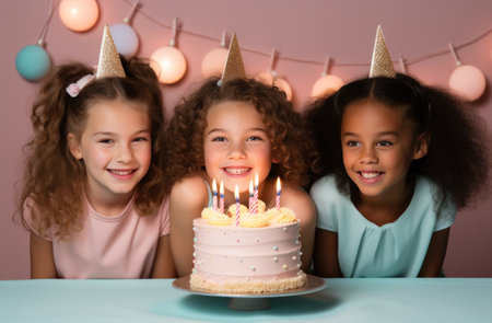 girls celebrating birthday on table with cake and candles for kids.の素材