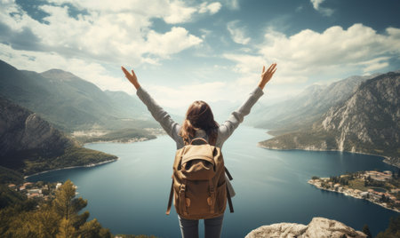 image of woman with backpack and arms outstretched to lake.の素材