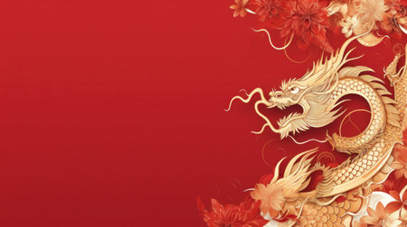 Chinese holiday background with dragon, dark red and gold, large copyspace area.の素材