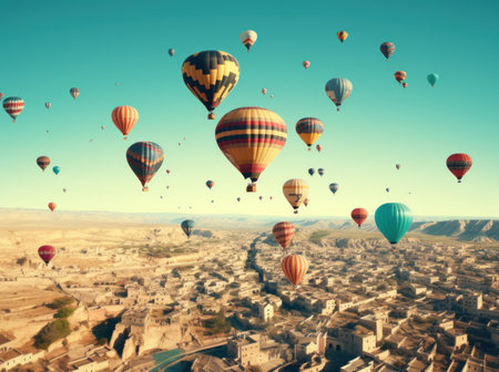 many colorful balloons in flight near a valley.の素材