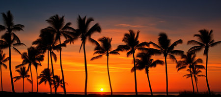 palm trees in silhouette against a tropical sunset.の素材