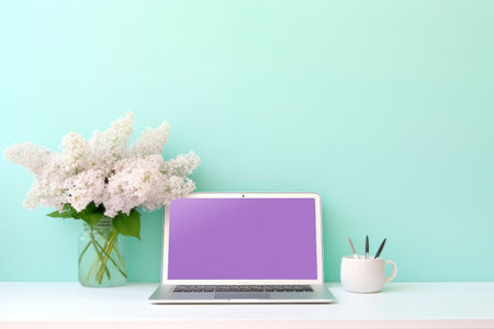 lilac computer, flowers, notebookの素材