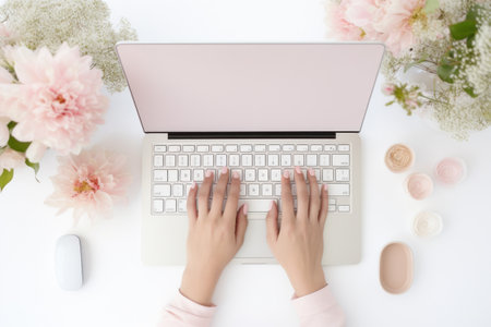 person typing on a keyboard on a white table.の素材