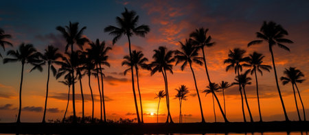 palm trees in silhouette against a tropical sunset.の素材