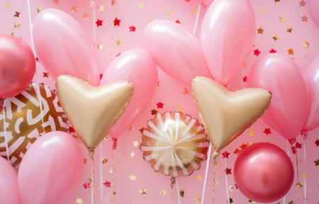 pink and gold balloons, straw straws and hearts.の素材