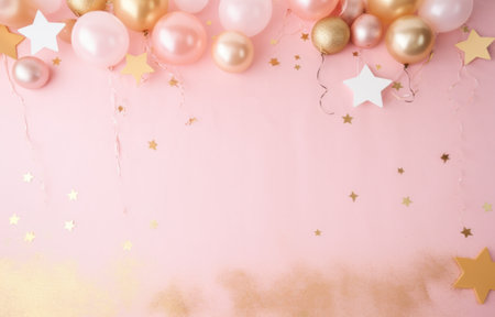 pink and gold balloons, straw straws and hearts.の素材