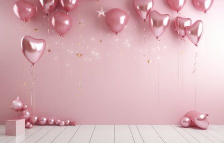 pink and gold balloons, straw straws and hearts.の素材