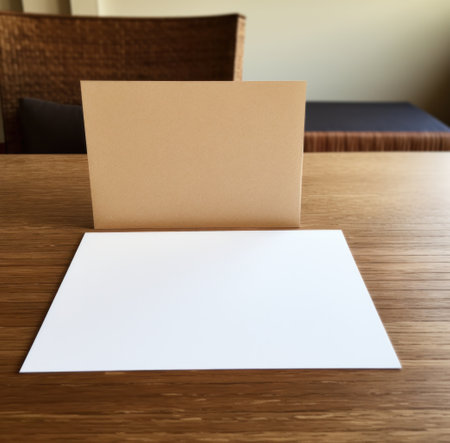 the greeting card is on a table in front of the empty cardboard.の素材