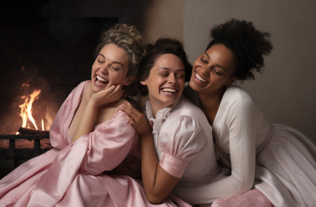 three cloistered women joking together on pillows posing by a fireplace.の素材