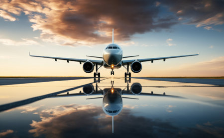 the airplane on the runway taking offの素材