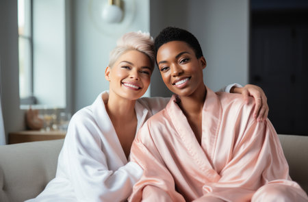 two women in robes sitting in a room.の素材