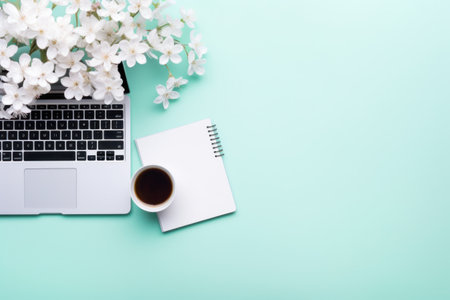 white desktop with laptop, flowers next to it, tablet.の素材