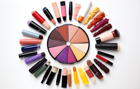 various makeup products are shown in a circle on a white backgroundの素材