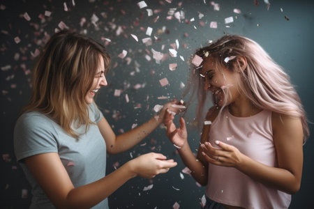 young women throwing confetti at each otherの素材