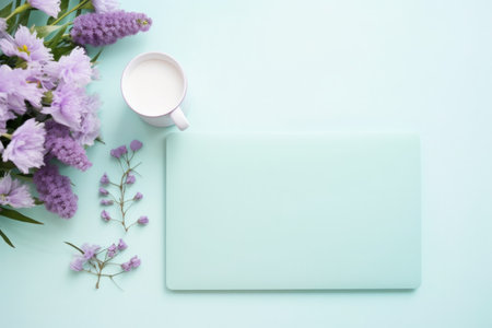 white desktop with laptop, flowers next to it, tablet.の素材