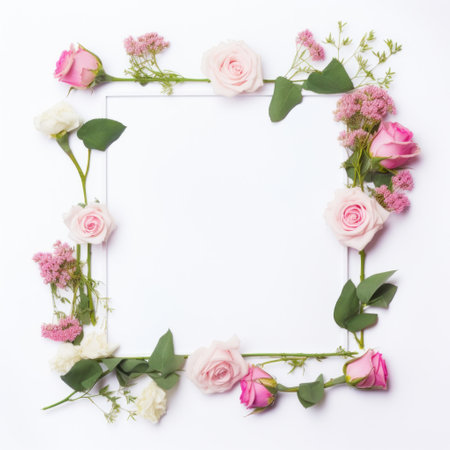 floral frame on a white background with pink roses and green.の素材