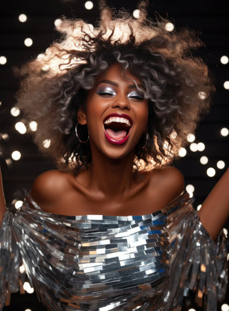 woman in silver metallic dress with fringe.の素材