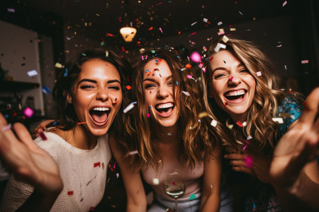 womens friends party at home with confettiの素材