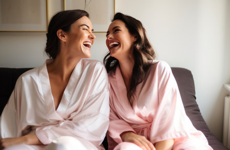 two women in robes sitting in a room.の素材